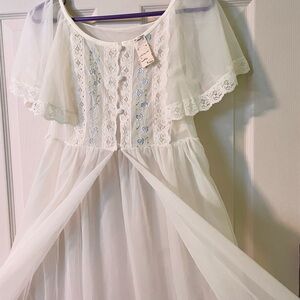 Ethereal White Lace-Trim Nightgown with Delicate Blue Embroidery